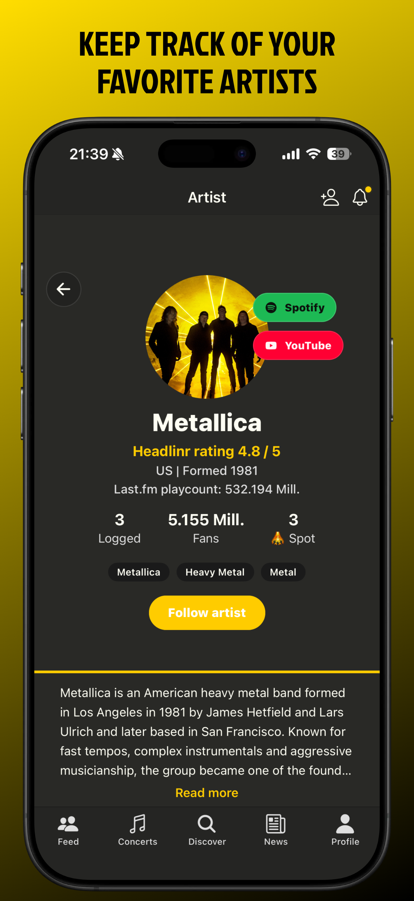 Headlinr artist page with artist information, ratings, Spotify and YouTube links